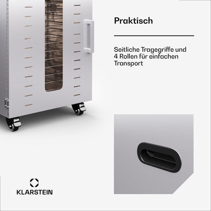Klarstein Dörrautomat Edelstahl – 4.000-W-Dörrgerät, 48 Edelstahl-Einlegeböden, 30–90 °C, 24-Stunden-Timer, 6 Ventilatoren, 2 Trockenkammern, 50–55 dB, ideal für Obst, Gemüse, Fleisch, Kräuter, Silberk