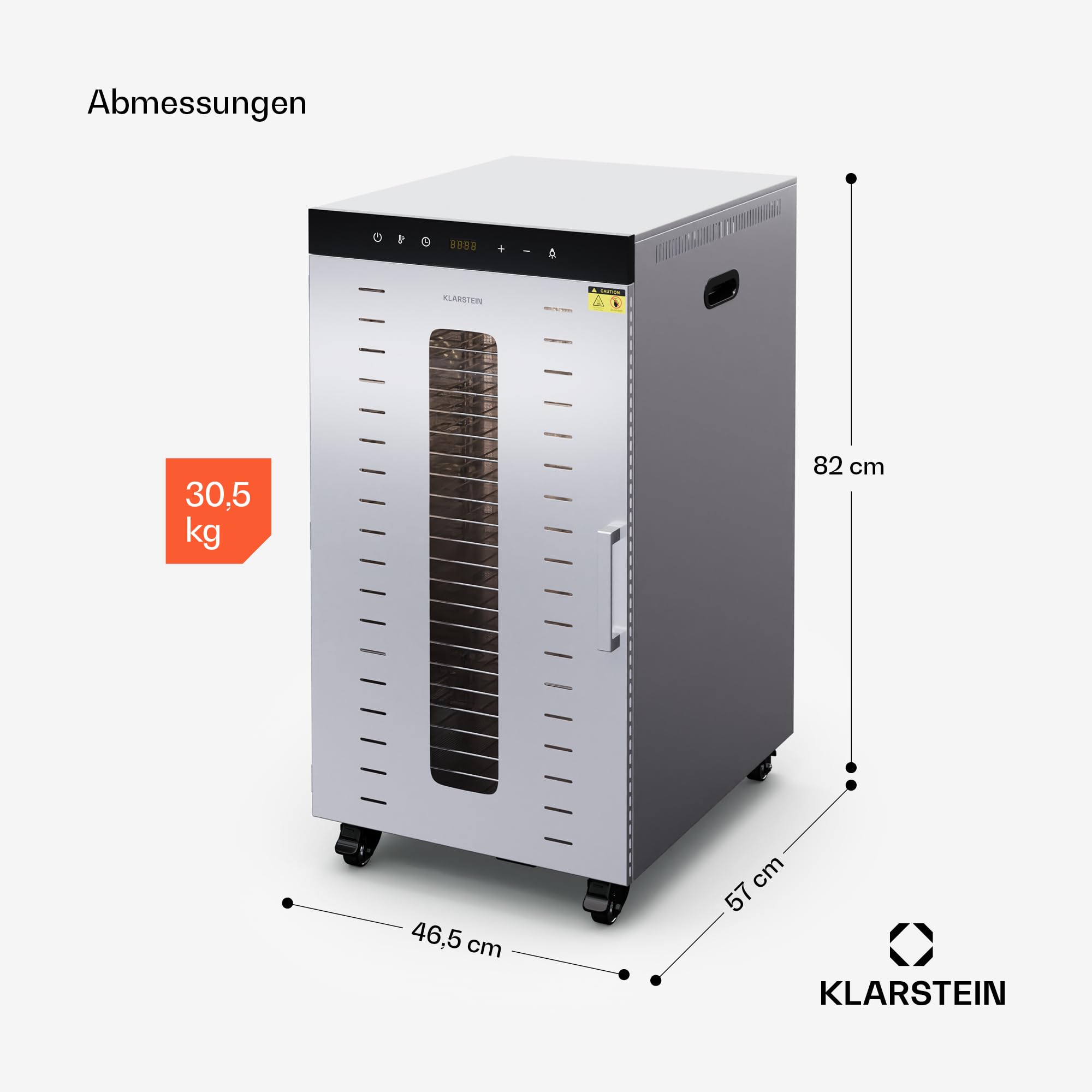 Klarstein Dörrautomat Edelstahl – 4.000-W-Dörrgerät, 48 Edelstahl-Einlegeböden, 30–90 °C, 24-Stunden-Timer, 6 Ventilatoren, 2 Trockenkammern, 50–55 dB, ideal für Obst, Gemüse, Fleisch, Kräuter, Silberk