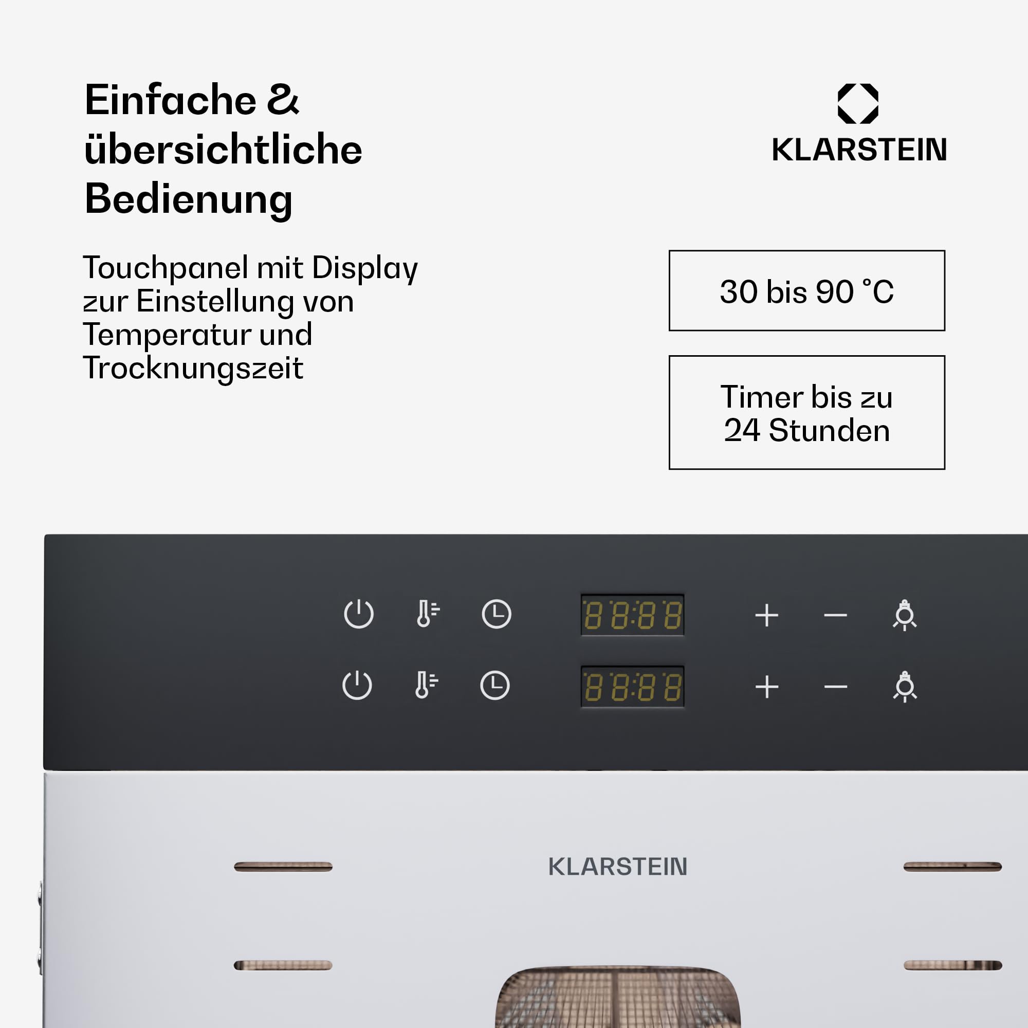 Klarstein Dörrautomat Edelstahl – 4.000-W-Dörrgerät, 48 Edelstahl-Einlegeböden, 30–90 °C, 24-Stunden-Timer, 6 Ventilatoren, 2 Trockenkammern, 50–55 dB, ideal für Obst, Gemüse, Fleisch, Kräuter, Silberk