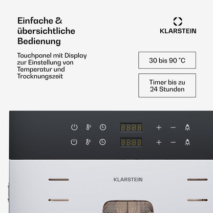 Klarstein Dörrautomat Edelstahl – 4.000-W-Dörrgerät, 48 Edelstahl-Einlegeböden, 30–90 °C, 24-Stunden-Timer, 6 Ventilatoren, 2 Trockenkammern, 50–55 dB, ideal für Obst, Gemüse, Fleisch, Kräuter, Silberk