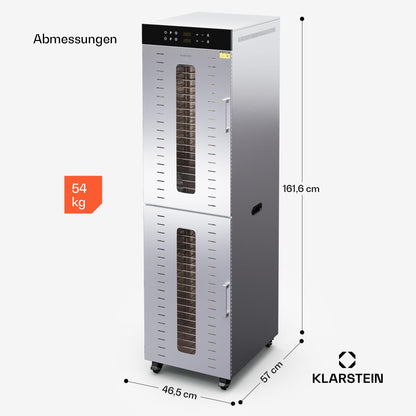 Klarstein Dörrautomat Edelstahl – 4.000-W-Dörrgerät, 48 Edelstahl-Einlegeböden, 30–90 °C, 24-Stunden-Timer, 6 Ventilatoren, 2 Trockenkammern, 50–55 dB, ideal für Obst, Gemüse, Fleisch, Kräuter, Silberk