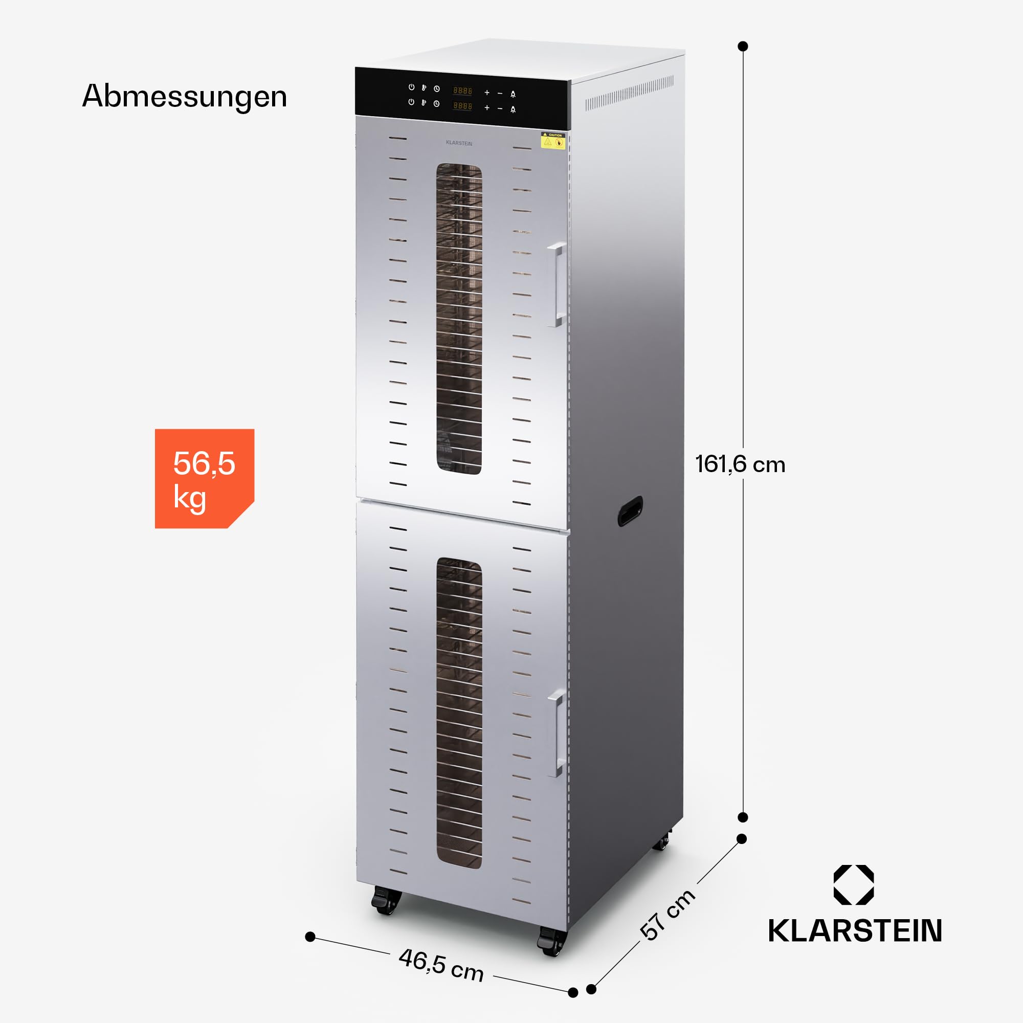 Klarstein Dörrautomat Edelstahl – 4.000-W-Dörrgerät, 48 Edelstahl-Einlegeböden, 30–90 °C, 24-Stunden-Timer, 6 Ventilatoren, 2 Trockenkammern, 50–55 dB, ideal für Obst, Gemüse, Fleisch, Kräuter, Silberk