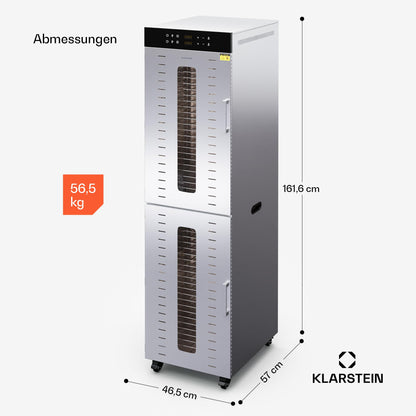 Klarstein Dörrautomat Edelstahl – 4.000-W-Dörrgerät, 48 Edelstahl-Einlegeböden, 30–90 °C, 24-Stunden-Timer, 6 Ventilatoren, 2 Trockenkammern, 50–55 dB, ideal für Obst, Gemüse, Fleisch, Kräuter, Silberk