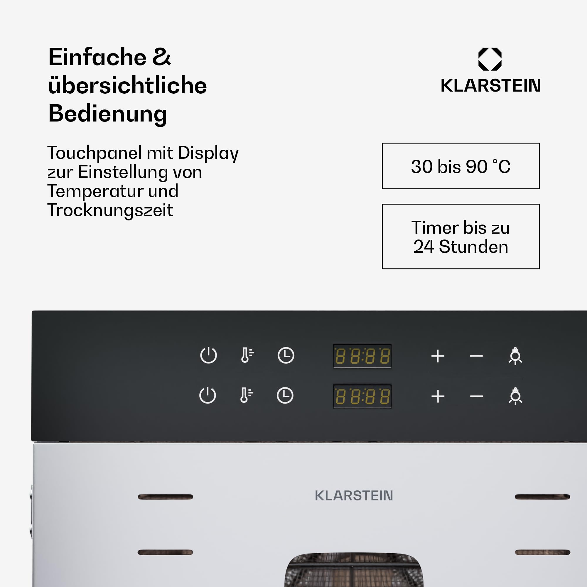 Klarstein Dörrautomat Edelstahl – 4.000-W-Dörrgerät, 48 Edelstahl-Einlegeböden, 30–90 °C, 24-Stunden-Timer, 6 Ventilatoren, 2 Trockenkammern, 50–55 dB, ideal für Obst, Gemüse, Fleisch, Kräuter, Silberk