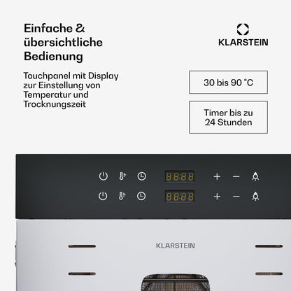 Klarstein Dörrautomat Edelstahl – 4.000-W-Dörrgerät, 48 Edelstahl-Einlegeböden, 30–90 °C, 24-Stunden-Timer, 6 Ventilatoren, 2 Trockenkammern, 50–55 dB, ideal für Obst, Gemüse, Fleisch, Kräuter, Silberk
