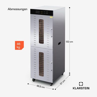 Klarstein Dörrautomat Edelstahl – 4.000-W-Dörrgerät, 48 Edelstahl-Einlegeböden, 30–90 °C, 24-Stunden-Timer, 6 Ventilatoren, 2 Trockenkammern, 50–55 dB, ideal für Obst, Gemüse, Fleisch, Kräuter, Silberk
