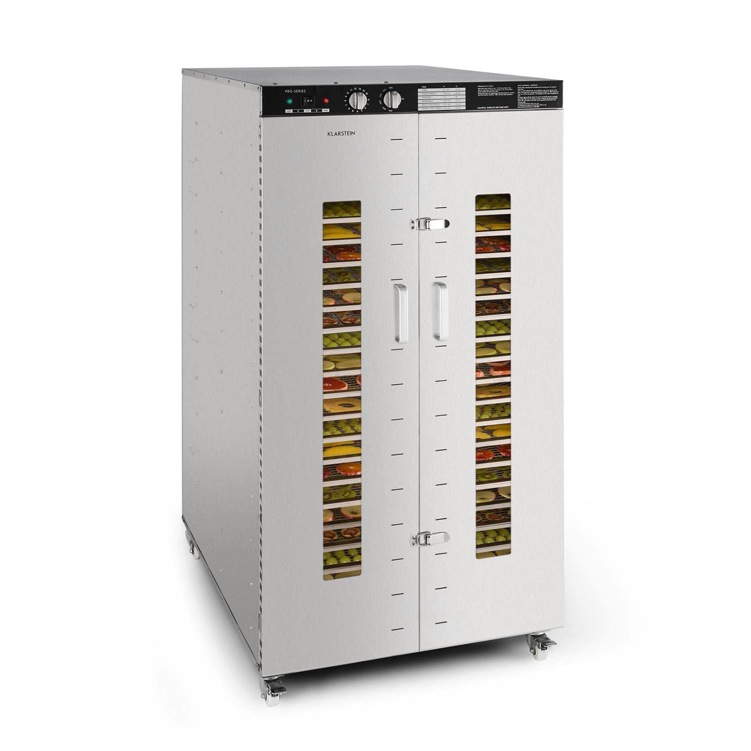 Klarstein Dörrautomat Edelstahl – 4.000-W-Dörrgerät, 48 Edelstahl-Einlegeböden, 30–90 °C, 24-Stunden-Timer, 6 Ventilatoren, 2 Trockenkammern, 50–55 dB, ideal für Obst, Gemüse, Fleisch, Kräuter, Silberk