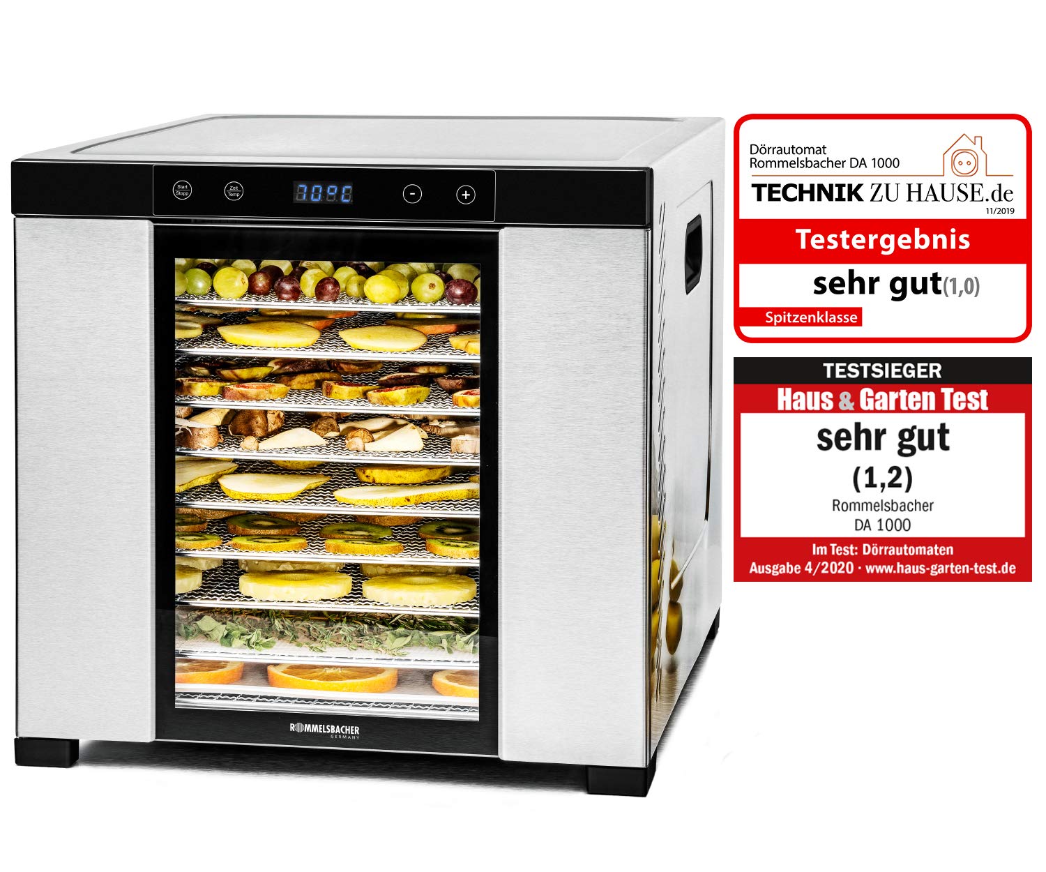 ROMMELSBACHER Dörrautomat DA 1000, XXL-Dörrfläche 1,6 m², inkl. 10 Edelstahl-Dörrtabletts, 2 Dörrgitter, 2 Dörrmatten, LED-Display, 24 Std. Zeitschaltuhr, Temperatur einstellbar (35 °C – 75 °C)k