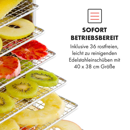 Klarstein Dörrautomat Edelstahl – 4.000-W-Dörrgerät, 48 Edelstahl-Einlegeböden, 30–90 °C, 24-Stunden-Timer, 6 Ventilatoren, 2 Trockenkammern, 50–55 dB, ideal für Obst, Gemüse, Fleisch, Kräuter, Silberk