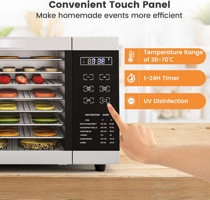 RELAX4LIFE Dörrautomat Edelstahl, Dörrgerät Temperatur einstellbar 30-70℃, Food Dehydrator inkl. 8 Edelstahl-Dörrtabletts, Touch-Display, 24 Std, für Lebensmittel Fleisch Früchte Gemüsek
