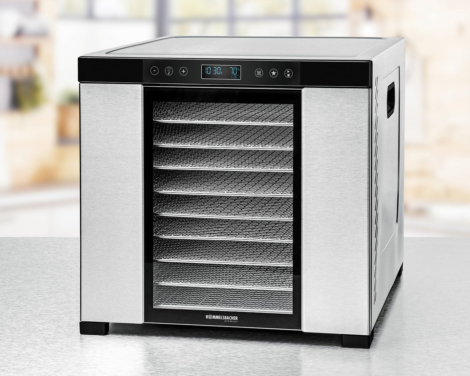 ROMMELSBACHER Dörrautomat DA 1000, XXL-Dörrfläche 1,6 m², inkl. 10 Edelstahl-Dörrtabletts, 2 Dörrgitter, 2 Dörrmatten, LED-Display, 24 Std. Zeitschaltuhr, Temperatur einstellbar (35 °C – 75 °C)k