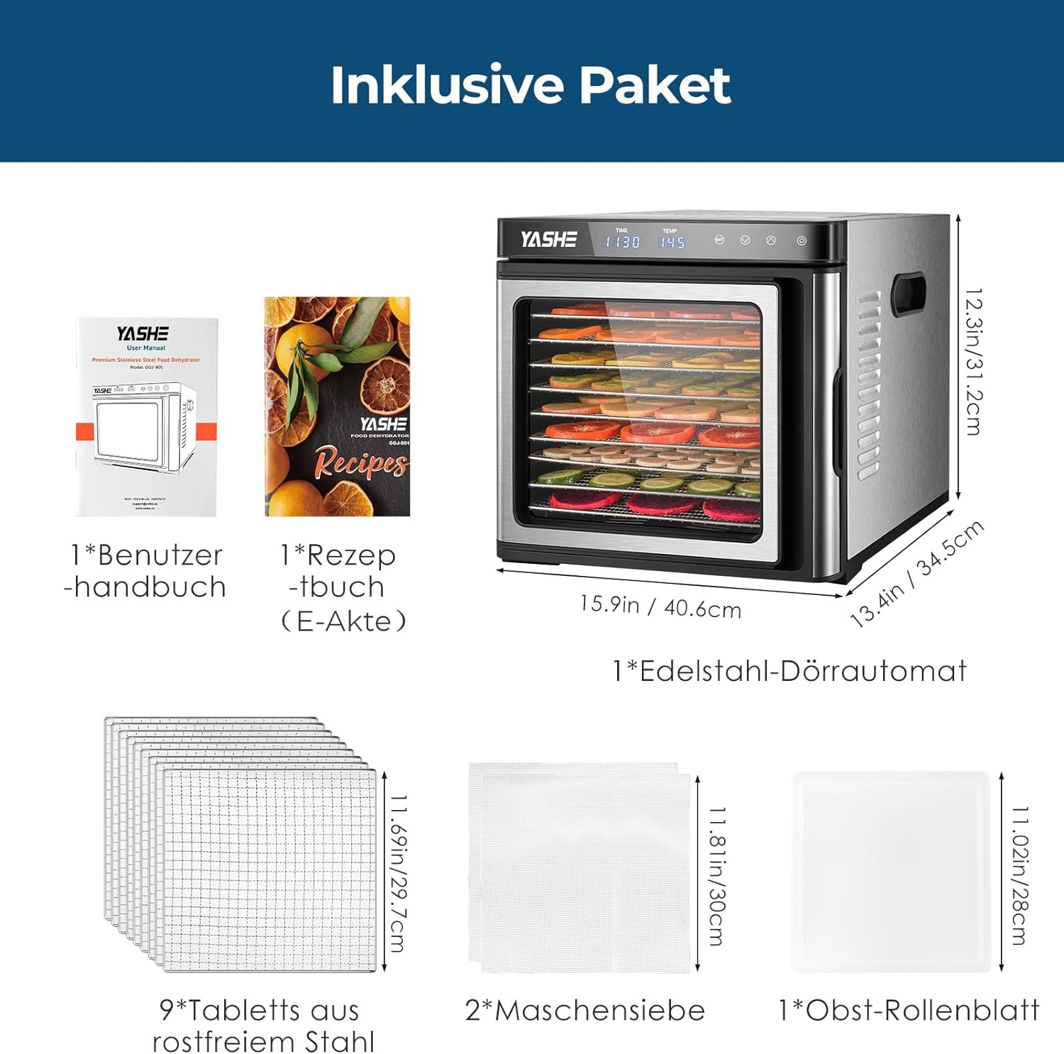 Edelstahl Dörrautomat, 1000W Dörrgerät für Obst und Gemüse mit LED-Anzeige, präziser Temperaturregelung (35-75°C), 48-Stunden-Timer, 9 Edelstahlschalen, 2 Maschensiebe, 1 Schale für Obstrollenk
