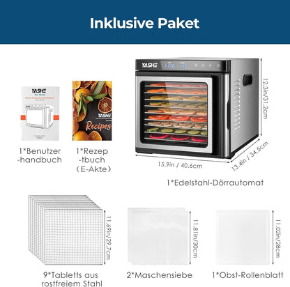 Edelstahl Dörrautomat, 1000W Dörrgerät für Obst und Gemüse mit LED-Anzeige, präziser Temperaturregelung (35-75°C), 48-Stunden-Timer, 9 Edelstahlschalen, 2 Maschensiebe, 1 Schale für Obstrollenk