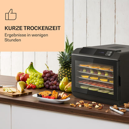 Klarstein Arizona Jerky Dörrautomat - Dörrgerät, Dehydrator, trocknet Obst, Fleisch und Früchte, 500 Watt, 35-70°C, 6 spülmaschinenfeste Einlagefächer, kurze Trockenzeit, Touch-Display, schwarzk