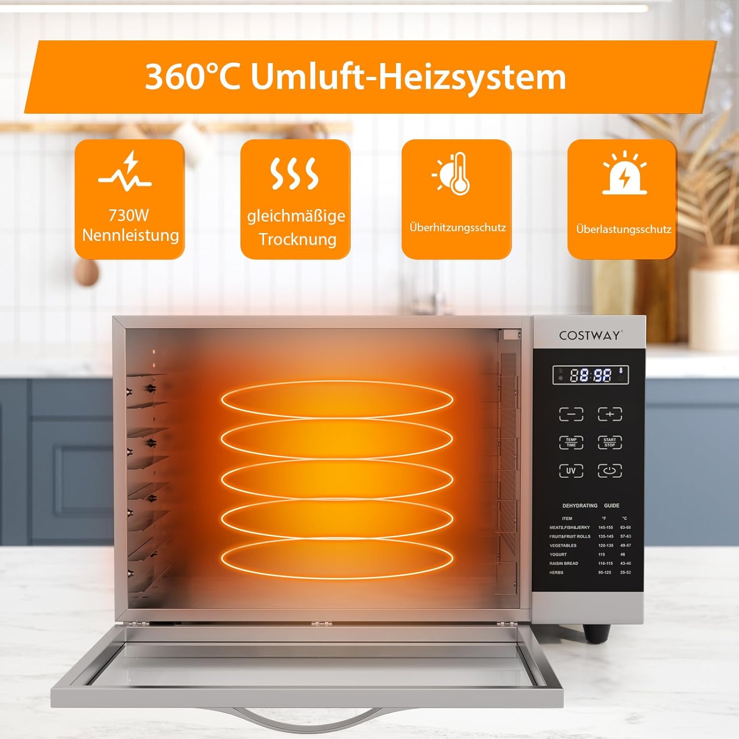 COSTWAY Dehydrator with 8 Grid Trays, 620W Dehydrator 30-70°C Temperature Control & 24H Timer, Overheating & Overload Protection, Food Dryer for Fruit, Meat, Vegetablesk