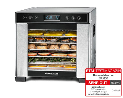 ROMMELSBACHER Dörrautomat DA 1000, XXL-Dörrfläche 1,6 m², inkl. 10 Edelstahl-Dörrtabletts, 2 Dörrgitter, 2 Dörrmatten, LED-Display, 24 Std. Zeitschaltuhr, Temperatur einstellbar (35 °C – 75 °C)k