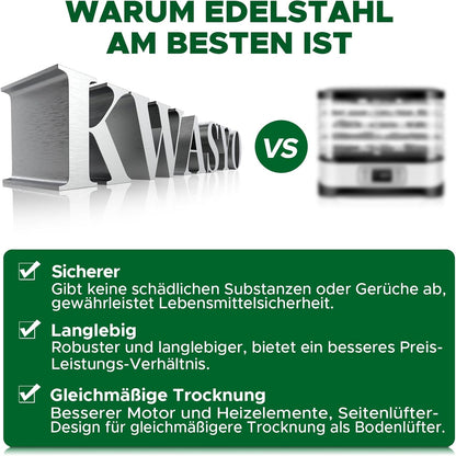 Kwasyo Dörrautomat Edelstahl, Dörrgerät 12 Etagen Ganz in Schwarz, 30-90℃ Temperaturregelung, 24 Stunden Timer, Rezeptheft für Fleisch Obst Gemüse Kräuter, 1000W, LT-09k