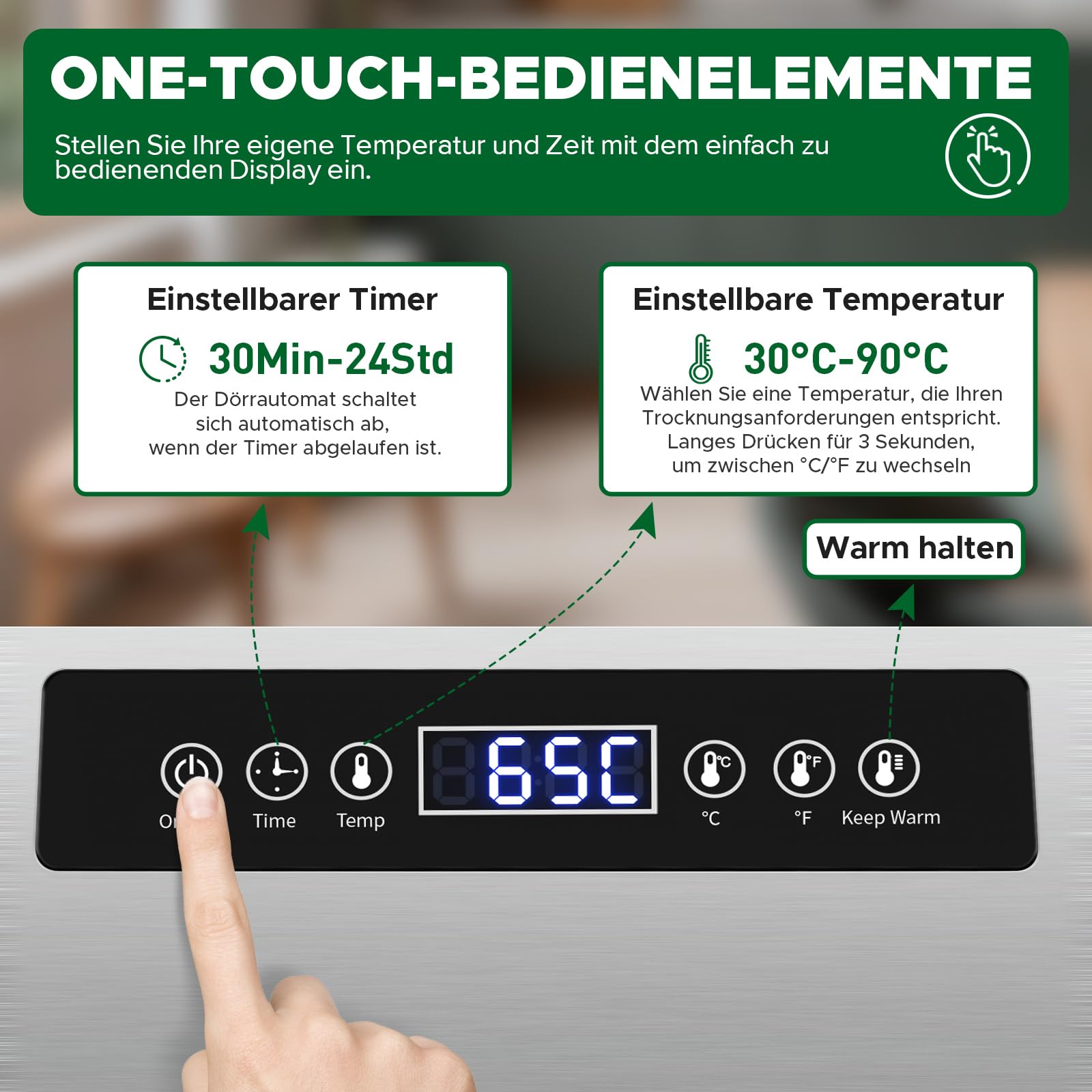 Kwasyo Dörrautomat Edelstahl DA 1000, XXL-Dörrfläche 1,8 m², Dörrgerät Temperatur einstellbar 30-90℃, LED-Display, 24 Std, BPA-frei, mit Rezeptheft, 10 Edelstahl-Dörrtablettsk