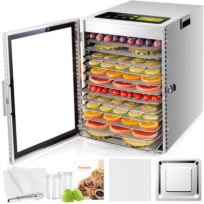Kwasyo Dehydrator Stainless Steel, Double Fan 360° Efficient Dry, Dehydrator 12 Levels, 20-90°C Temperature Control, 24 Hour Timer, Overheating Protection, Recipe Book for Meat, Fruit, Vegetables,k