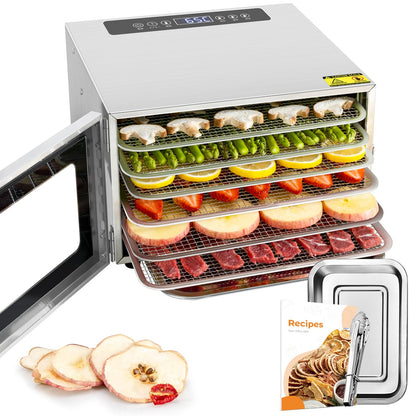 Kwasyo Dörrautomat Edelstahl DA 1000, XXL-Dörrfläche 1,8 m², Dörrgerät Temperatur einstellbar 30-90℃, LED-Display, 24 Std, BPA-frei, mit Rezeptheft, 10 Edelstahl-Dörrtablettsk