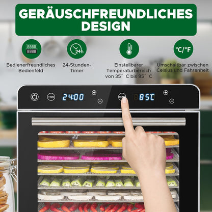Kwasyo Dörrautomat Edelstahl Trockenkapazität 3,8 kg Rindfleisch, 0,67 m² Trockenfläche, 8 Edelstahl-Dörrtabletts (28x30 cm), 35-85°C Dörrgerät für Hundeleckerlis, Kräuter, Fleisch, Obst, Joghurtk