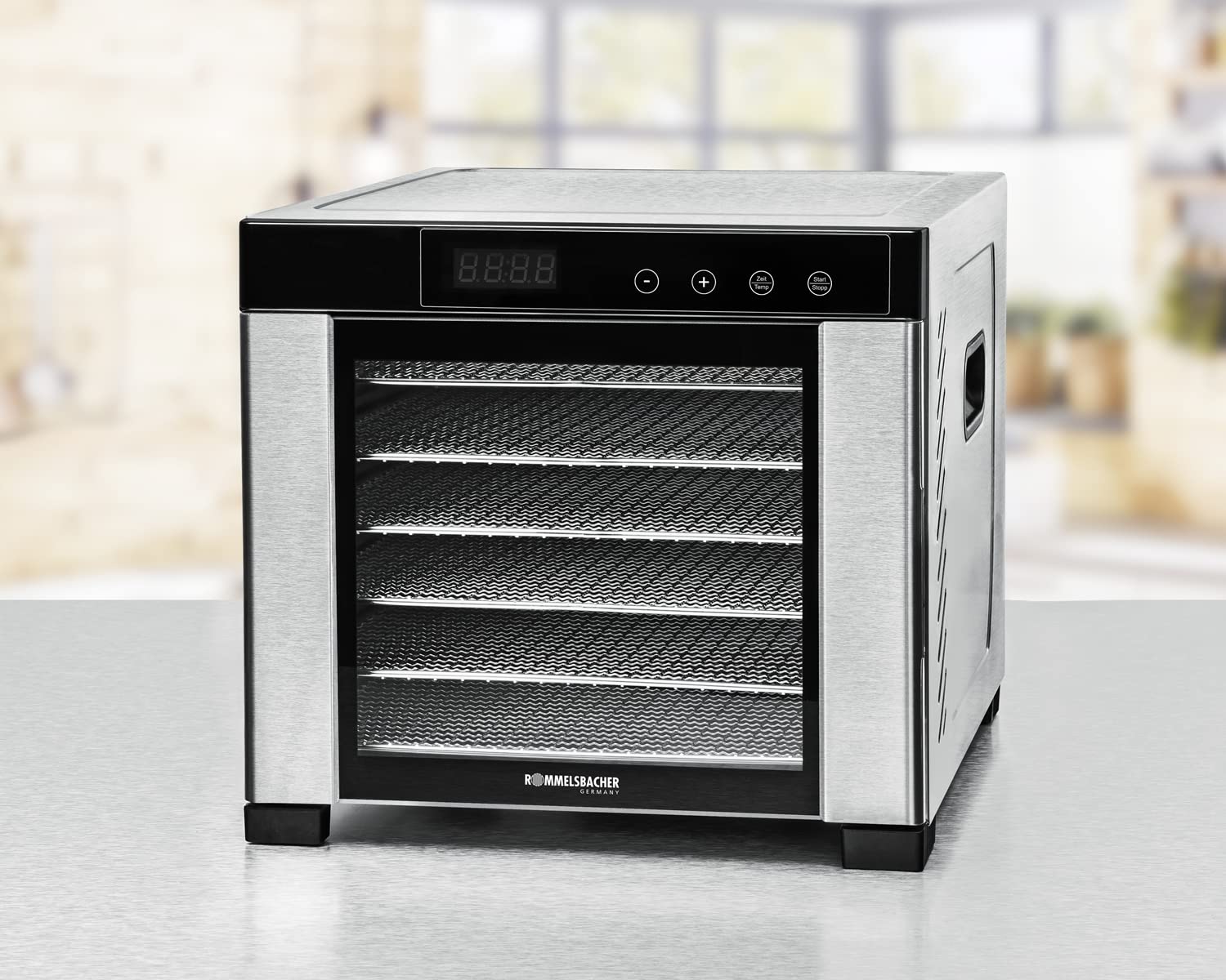 ROMMELSBACHER Dörrautomat DA 1000, XXL-Dörrfläche 1,6 m², inkl. 10 Edelstahl-Dörrtabletts, 2 Dörrgitter, 2 Dörrmatten, LED-Display, 24 Std. Zeitschaltuhr, Temperatur einstellbar (35 °C – 75 °C)k