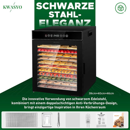Kwasyo Dörrautomat Edelstahl, Dörrgerät 12 Etagen Ganz in Schwarz, 30-90℃ Temperaturregelung, 24 Stunden Timer, Rezeptheft für Fleisch Obst Gemüse Kräuter, 1000W, LT-09k