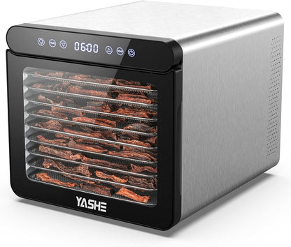 YASHE Stainless Steel Dehydrator with Digital Control (Temperature up to 75°C, Timer up to 48 Hours), 9 Trays Dehydrator for Fruit and Vegetables, Rear Fan for 360° Air Circulation, 800 Wk