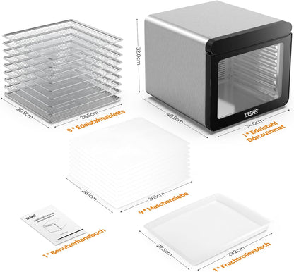 YASHE Stainless Steel Dehydrator with Digital Control (Temperature up to 75°C, Timer up to 48 Hours), 9 Trays Dehydrator for Fruit and Vegetables, Rear Fan for 360° Air Circulation, 800 Wk