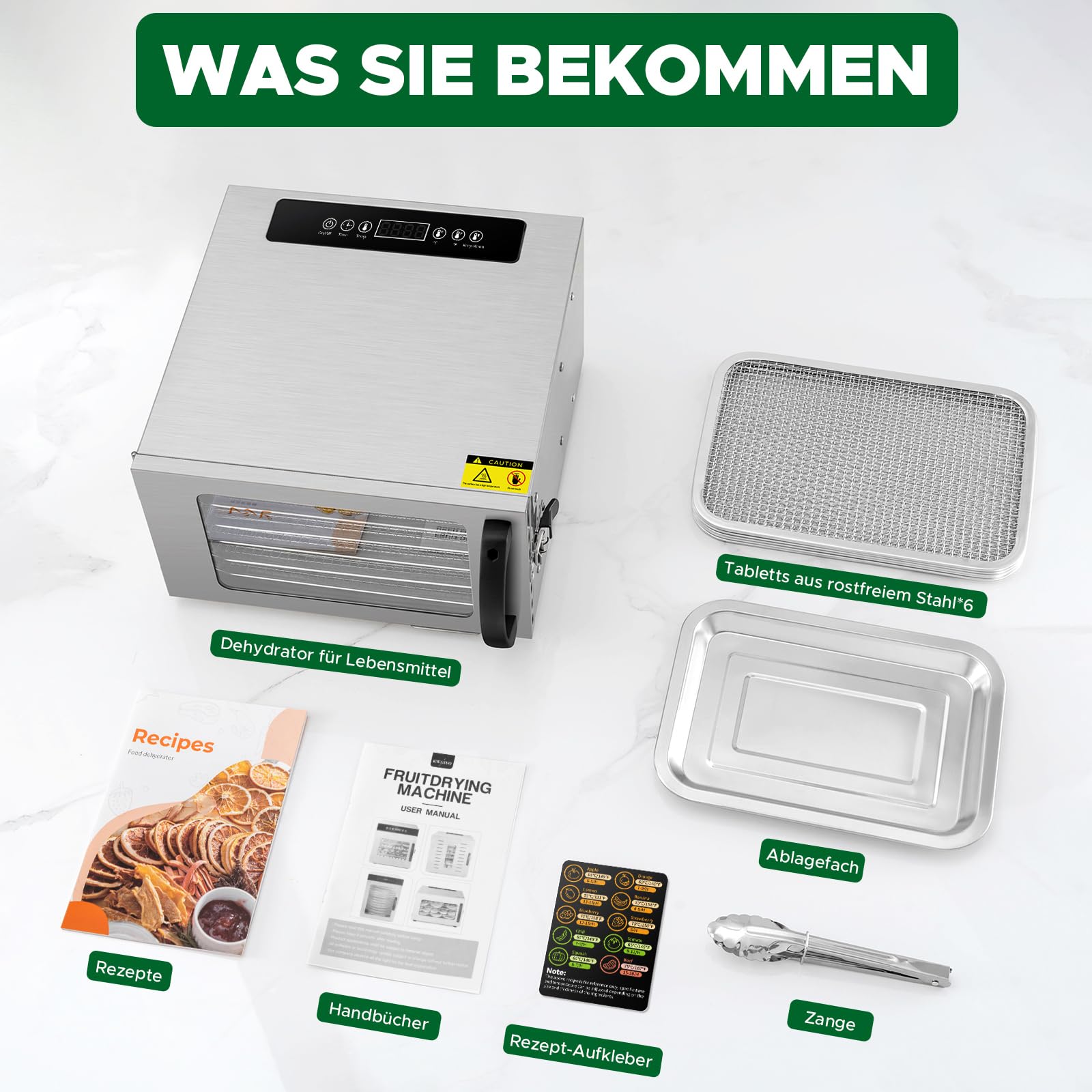 Kwasyo Dörrautomat Edelstahl DA 1000, XXL-Dörrfläche 1,8 m², Dörrgerät Temperatur einstellbar 30-90℃, LED-Display, 24 Std, BPA-frei, mit Rezeptheft, 10 Edelstahl-Dörrtablettsk