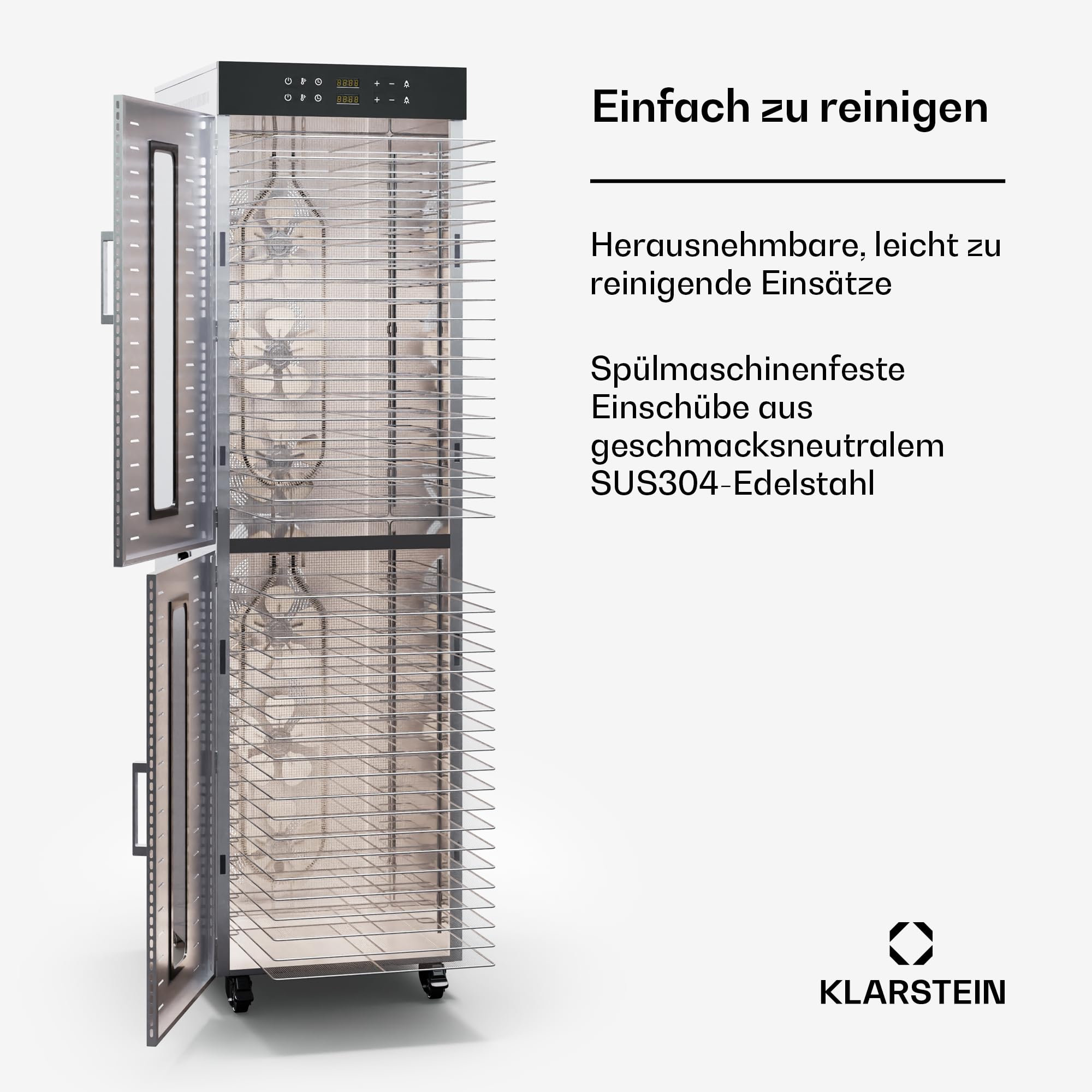 Klarstein Dörrautomat Edelstahl – 4.000-W-Dörrgerät, 48 Edelstahl-Einlegeböden, 30–90 °C, 24-Stunden-Timer, 6 Ventilatoren, 2 Trockenkammern, 50–55 dB, ideal für Obst, Gemüse, Fleisch, Kräuter, Silberk