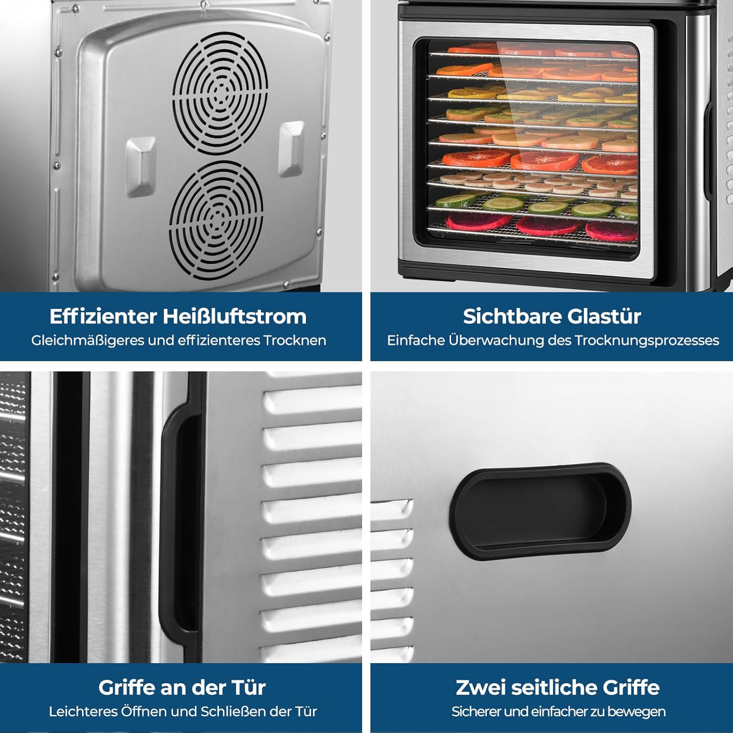 Edelstahl Dörrautomat, 1000W Dörrgerät für Obst und Gemüse mit LED-Anzeige, präziser Temperaturregelung (35-75°C), 48-Stunden-Timer, 9 Edelstahlschalen, 2 Maschensiebe, 1 Schale für Obstrollenk