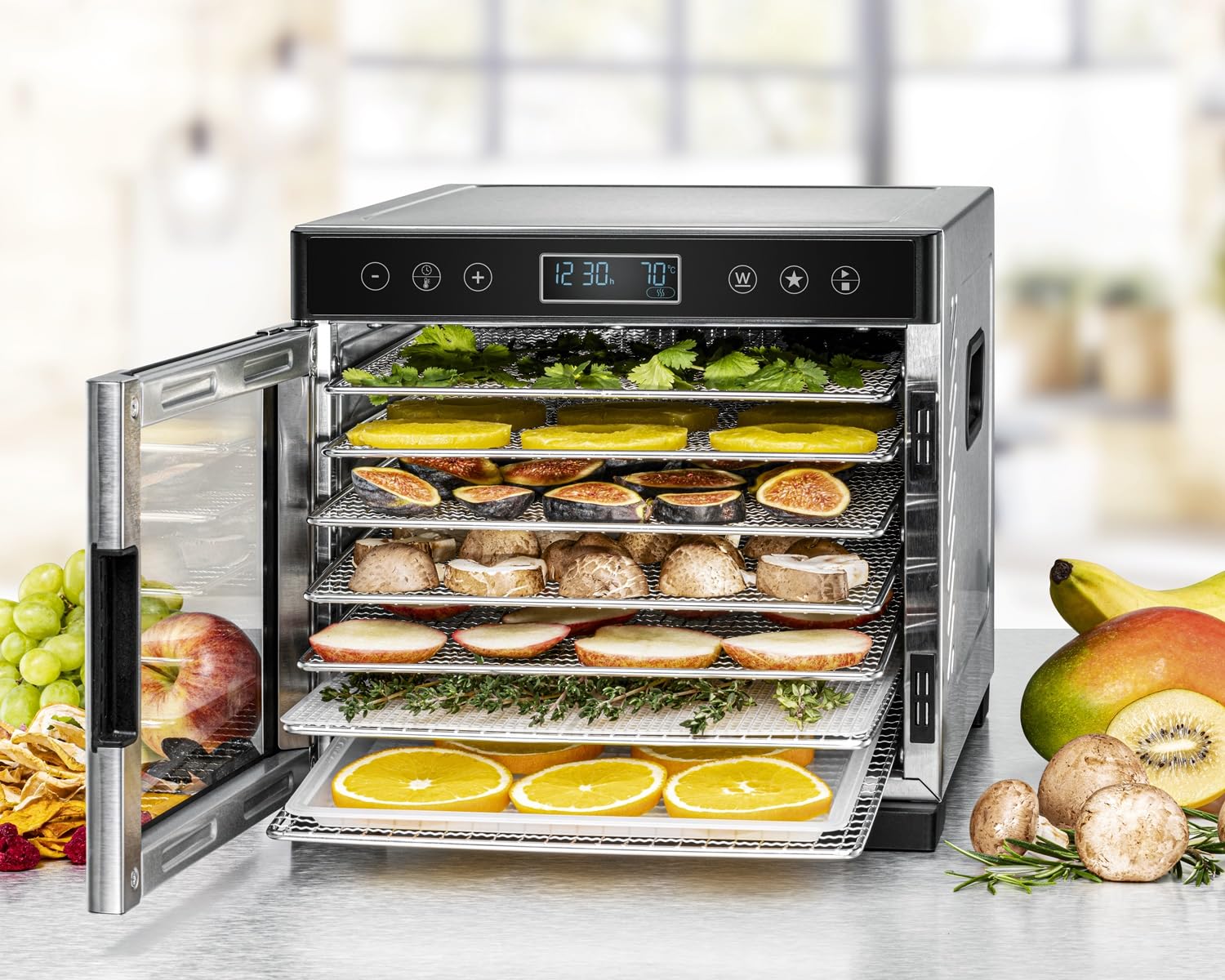 ROMMELSBACHER Dörrautomat DA 1000, XXL-Dörrfläche 1,6 m², inkl. 10 Edelstahl-Dörrtabletts, 2 Dörrgitter, 2 Dörrmatten, LED-Display, 24 Std. Zeitschaltuhr, Temperatur einstellbar (35 °C – 75 °C)k