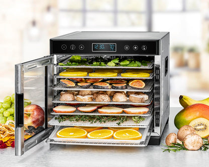 ROMMELSBACHER Dörrautomat DA 1000, XXL-Dörrfläche 1,6 m², inkl. 10 Edelstahl-Dörrtabletts, 2 Dörrgitter, 2 Dörrmatten, LED-Display, 24 Std. Zeitschaltuhr, Temperatur einstellbar (35 °C – 75 °C)k