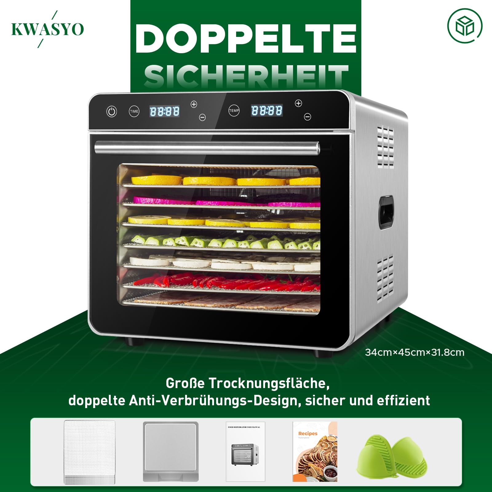 Kwasyo Dörrautomat Edelstahl Trockenkapazität 3,8 kg Rindfleisch, 0,67 m² Trockenfläche, 8 Edelstahl-Dörrtabletts (28x30 cm), 35-85°C Dörrgerät für Hundeleckerlis, Kräuter, Fleisch, Obst, Joghurtk