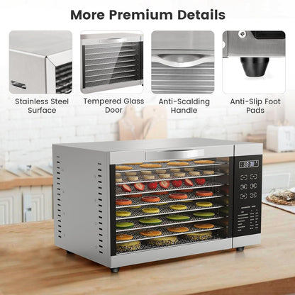 RELAX4LIFE Dörrautomat Edelstahl, Dörrgerät Temperatur einstellbar 30-70℃, Food Dehydrator inkl. 8 Edelstahl-Dörrtabletts, Touch-Display, 24 Std, für Lebensmittel Fleisch Früchte Gemüsek