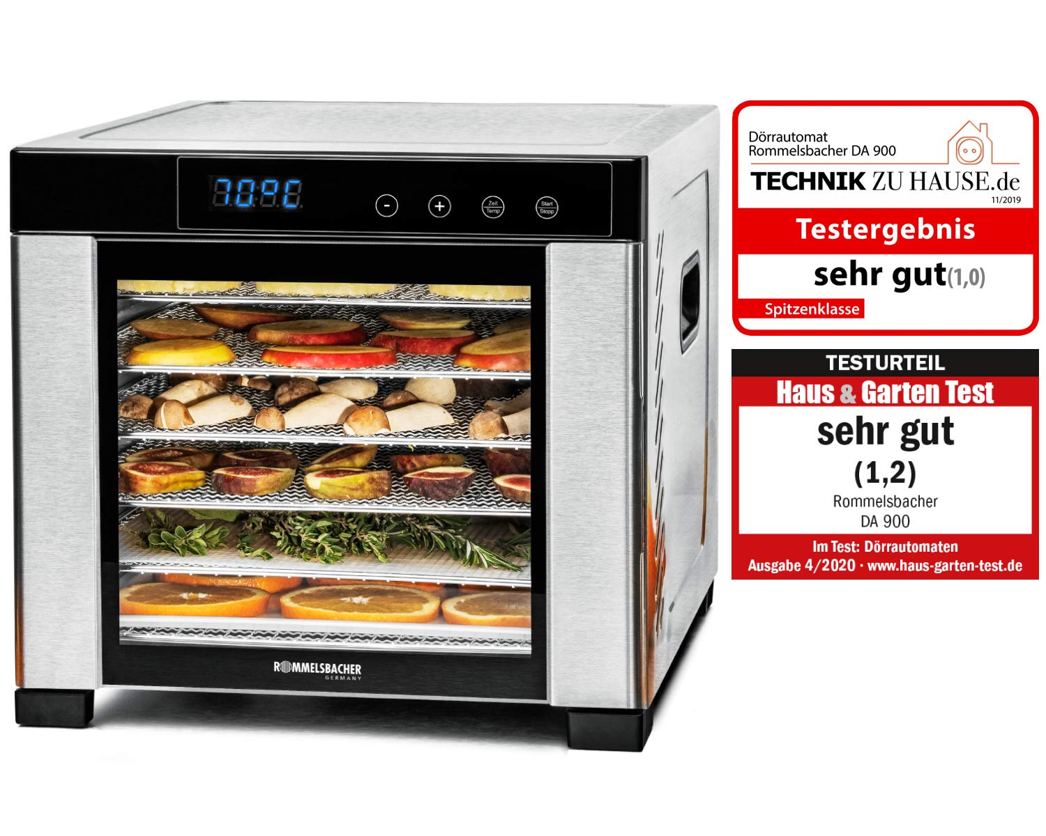 ROMMELSBACHER Dörrautomat DA 1000, XXL-Dörrfläche 1,6 m², inkl. 10 Edelstahl-Dörrtabletts, 2 Dörrgitter, 2 Dörrmatten, LED-Display, 24 Std. Zeitschaltuhr, Temperatur einstellbar (35 °C – 75 °C)k