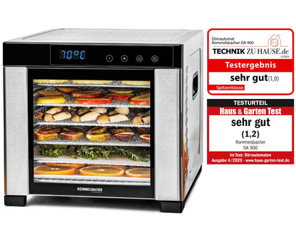 ROMMELSBACHER Dörrautomat DA 1000, XXL-Dörrfläche 1,6 m², inkl. 10 Edelstahl-Dörrtabletts, 2 Dörrgitter, 2 Dörrmatten, LED-Display, 24 Std. Zeitschaltuhr, Temperatur einstellbar (35 °C – 75 °C)k