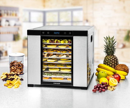 ROMMELSBACHER Dörrautomat DA 1000, XXL-Dörrfläche 1,6 m², inkl. 10 Edelstahl-Dörrtabletts, 2 Dörrgitter, 2 Dörrmatten, LED-Display, 24 Std. Zeitschaltuhr, Temperatur einstellbar (35 °C – 75 °C)k
