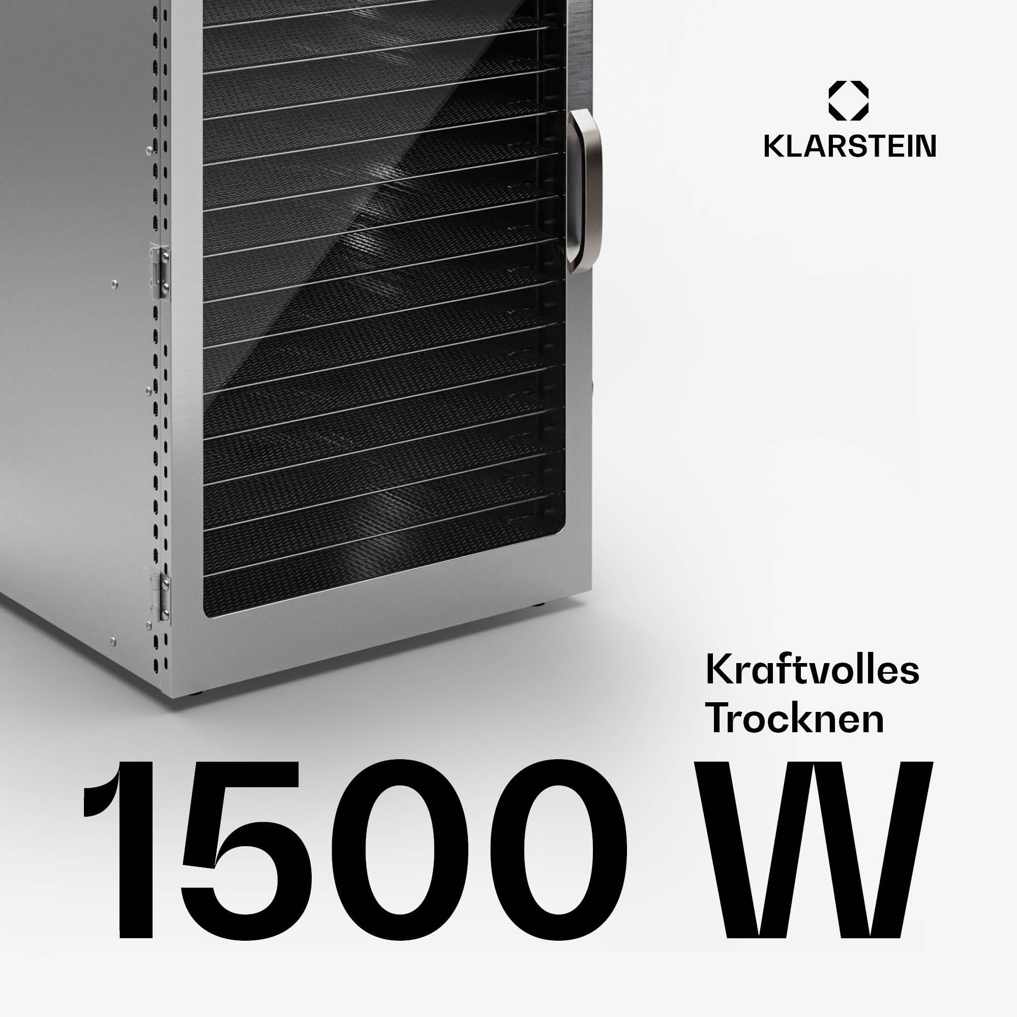 Klarstein Dörrgerät, Dörrautomat für Gemüse, Obst, Pilze & Fleisch, 1500W Edelstahl-Dörrautomat, Trockenautomat mit 16 Metallgitter, Dörrgerät mit 24H Timer & Touch-Display, Food Dehydratork