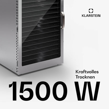 Klarstein Dörrgerät, Dörrautomat für Gemüse, Obst, Pilze & Fleisch, 1500W Edelstahl-Dörrautomat, Trockenautomat mit 16 Metallgitter, Dörrgerät mit 24H Timer & Touch-Display, Food Dehydratork