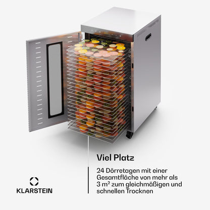 Klarstein Dörrautomat Edelstahl – 4.000-W-Dörrgerät, 48 Edelstahl-Einlegeböden, 30–90 °C, 24-Stunden-Timer, 6 Ventilatoren, 2 Trockenkammern, 50–55 dB, ideal für Obst, Gemüse, Fleisch, Kräuter, Silberk