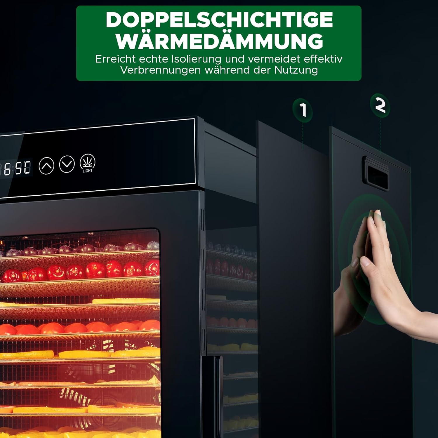 Kwasyo Dörrautomat Edelstahl, Dörrgerät 12 Etagen Ganz in Schwarz, 30-90℃ Temperaturregelung, 24 Stunden Timer, Rezeptheft für Fleisch Obst Gemüse Kräuter, 1000W, LT-09k