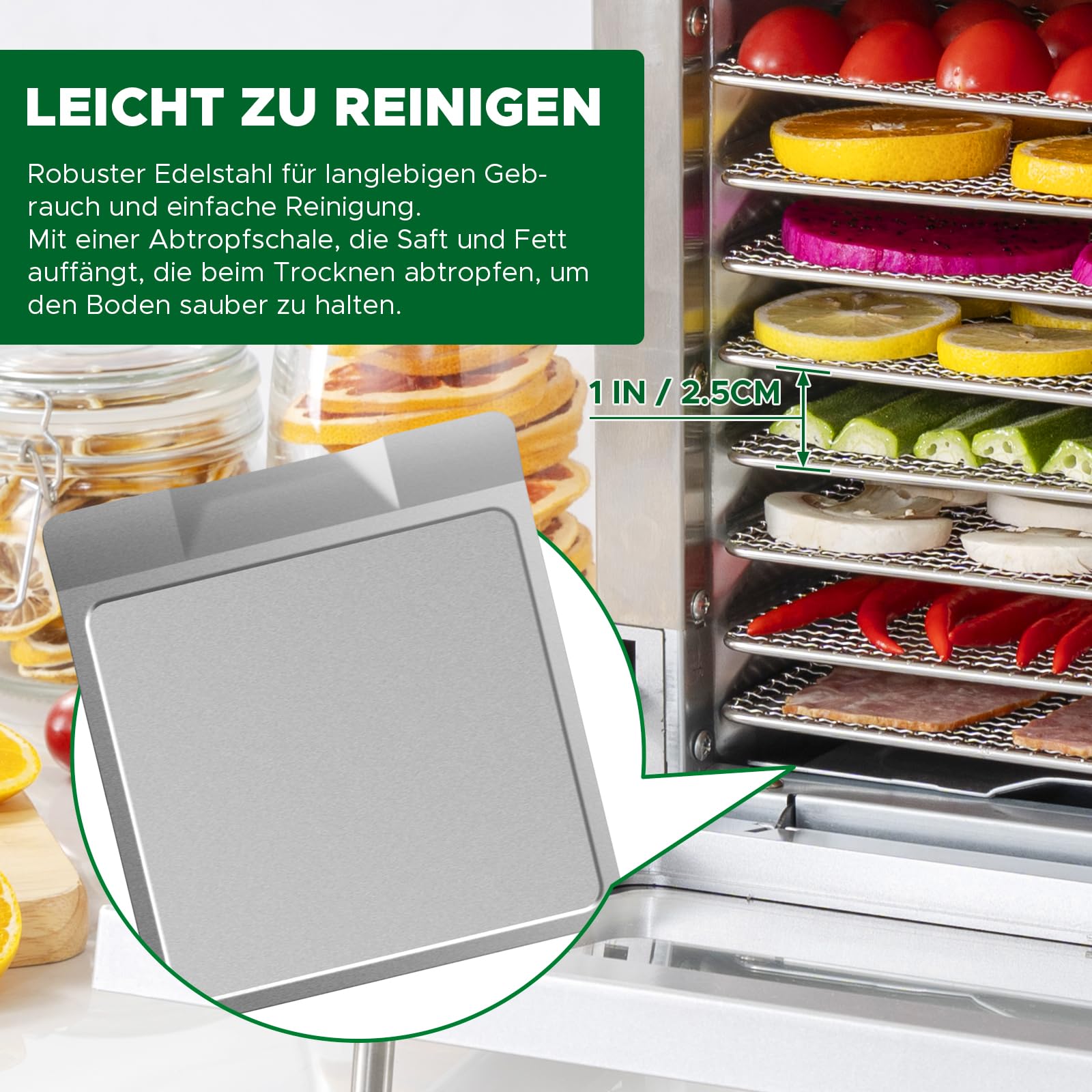 Kwasyo Dörrautomat Edelstahl Trockenkapazität 3,8 kg Rindfleisch, 0,67 m² Trockenfläche, 8 Edelstahl-Dörrtabletts (28x30 cm), 35-85°C Dörrgerät für Hundeleckerlis, Kräuter, Fleisch, Obst, Joghurtk