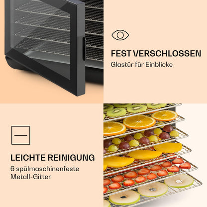 Klarstein Arizona Jerky Dörrautomat - Dörrgerät, Dehydrator, trocknet Obst, Fleisch und Früchte, 500 Watt, 35-70°C, 6 spülmaschinenfeste Einlagefächer, kurze Trockenzeit, Touch-Display, schwarzk