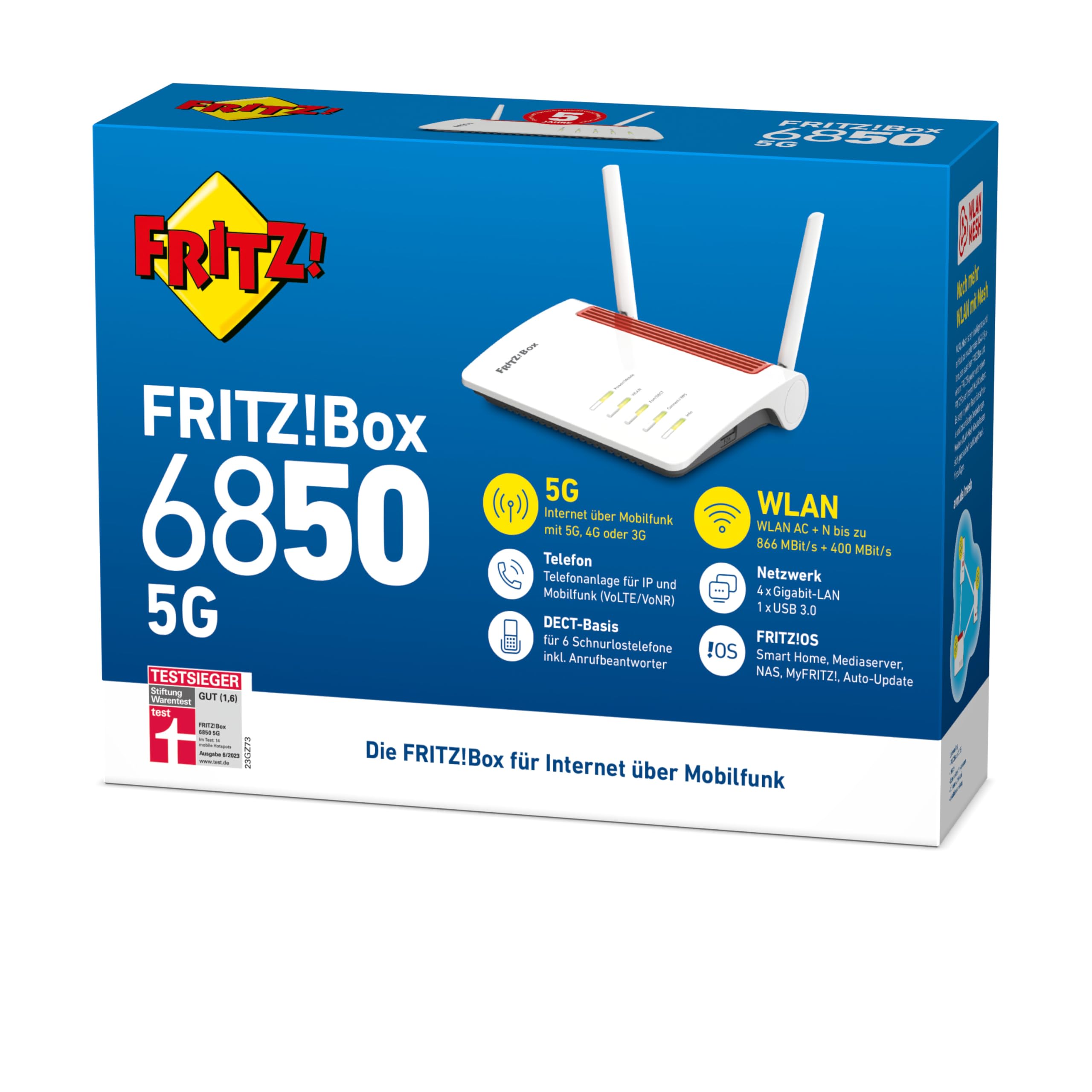 FRITZ!Box 6850 5G – LTE/5G-Router mit WLAN AC+N, DECT, USB 3.0 & 4x LANk