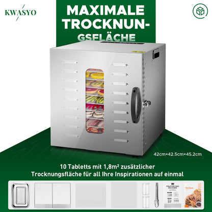 Kwasyo Dörrautomat Edelstahl DA 1000, XXL-Dörrfläche 1,8 m², Dörrgerät Temperatur einstellbar 30-90℃, LED-Display, 24 Std, BPA-frei, mit Rezeptheft, 10 Edelstahl-Dörrtablettsk