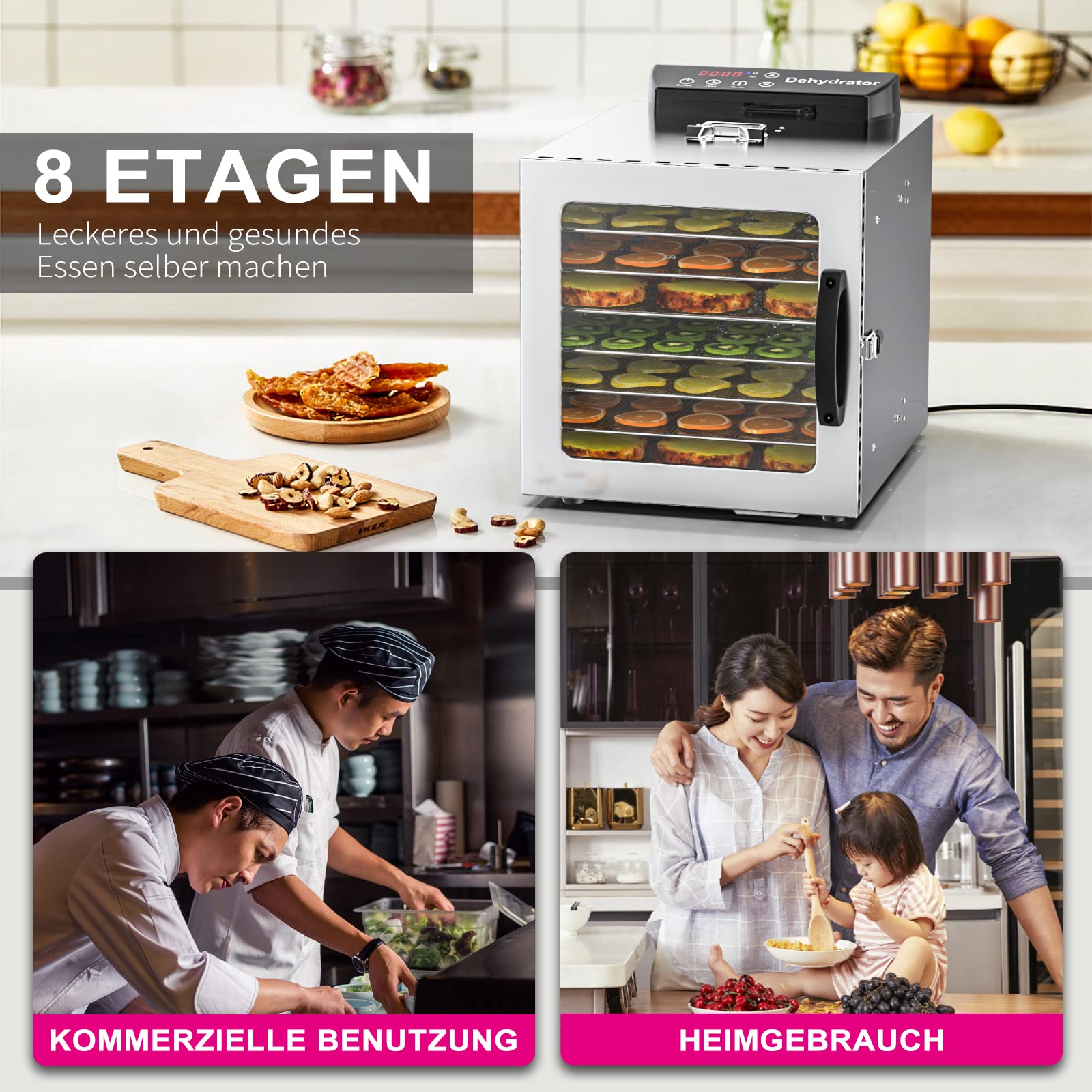 Lecon Dehydrator Stainless Steel Dehydrator Food 30-90°C, 24-Hour Timer Dehydrator for Food, Meat, Fruit, Vegetable Dryer, Fruit Dryer, Dehydrator with Apron, Sealed Tank (8 Levels)k