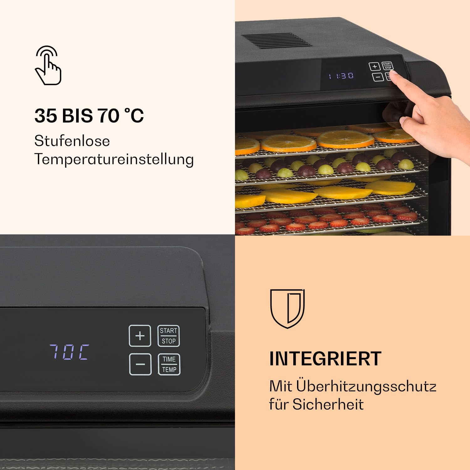 Klarstein Arizona Jerky Dörrautomat - Dörrgerät, Dehydrator, trocknet Obst, Fleisch und Früchte, 500 Watt, 35-70°C, 6 spülmaschinenfeste Einlagefächer, kurze Trockenzeit, Touch-Display, schwarzk