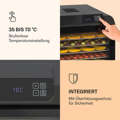 Klarstein Arizona Jerky Dörrautomat - Dörrgerät, Dehydrator, trocknet Obst, Fleisch und Früchte, 500 Watt, 35-70°C, 6 spülmaschinenfeste Einlagefächer, kurze Trockenzeit, Touch-Display, schwarzk